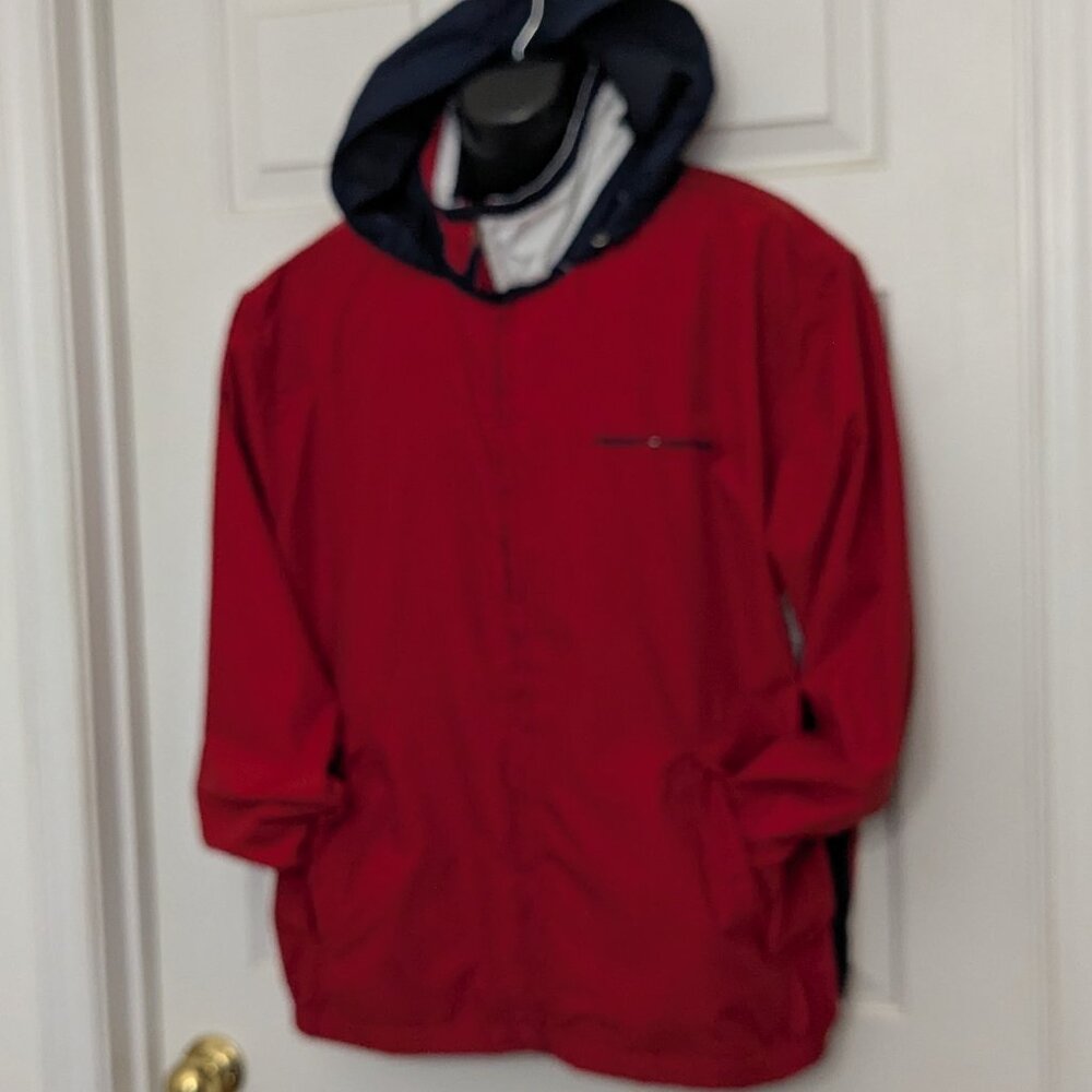 Tommy Hilfiger Windbreaker Jacket Mens Red Lightweight Hoodie Logo Pockets Sz XL